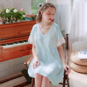 P071 純棉寬鬆蕾絲短袖睡裙/2色/S-XL