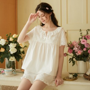 P073 純棉短袖睡衣套裝/白色/M-XL